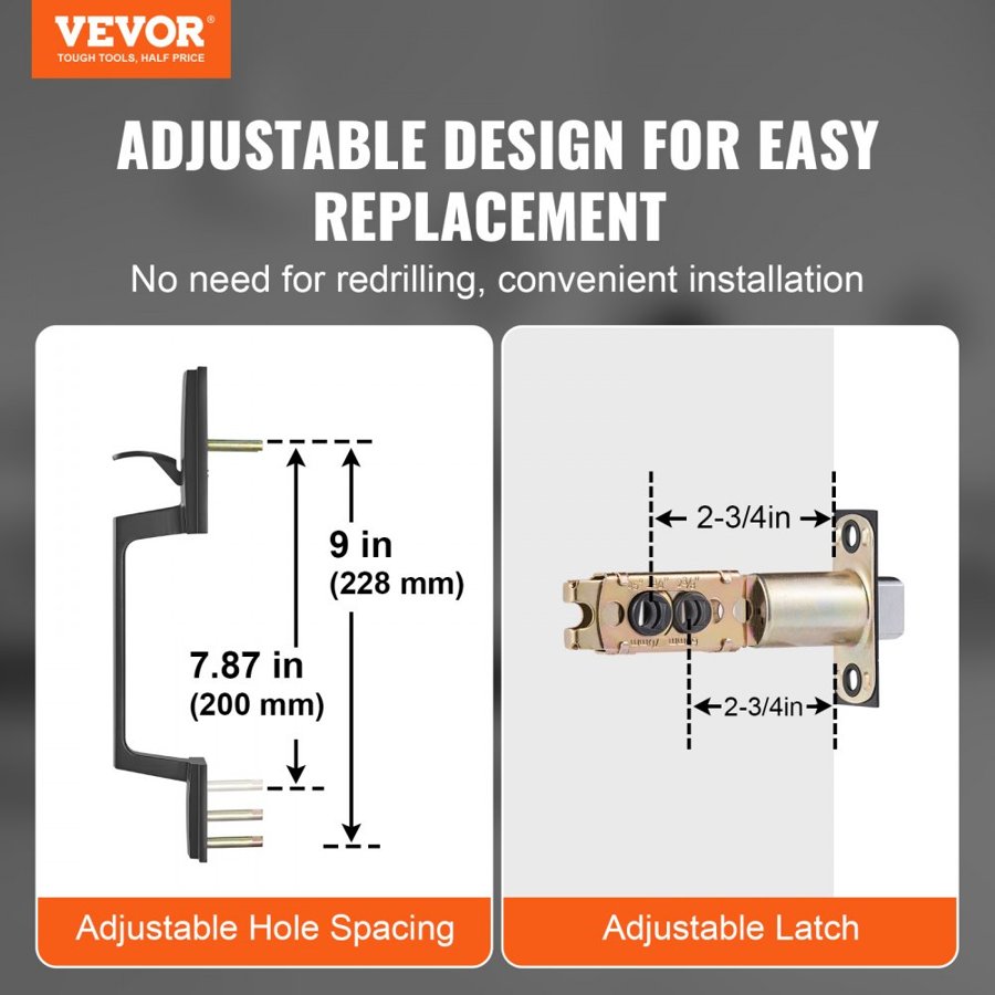 VEVOR Front Door Handle, Square Entry Handle Set with Lever, No Lock, Adjustable Hole Space, Zinc Alloy Die-Casting, Reversible for Right and Left Handed Entrance and Front Doors, Matte Black