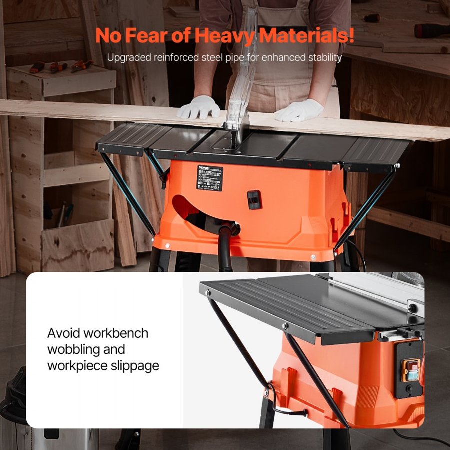 VEVOR Table Saw with Stand, 254 mm, 1800W Portable Compact Tablesaw, 200 mm Max Rip Capacity, 4800RPM Cutting Speed, with 24 Teeth Saw Blade, Sliding Miter Gauge, for Woodworking & Furniture Making
