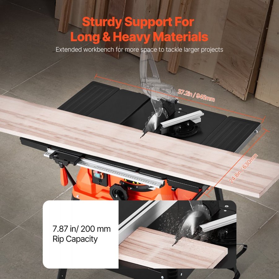 VEVOR Table Saw with Stand, 254 mm, 1800W Portable Compact Tablesaw, 200 mm Max Rip Capacity, 4800RPM Cutting Speed, with 24 Teeth Saw Blade, Sliding Miter Gauge, for Woodworking & Furniture Making