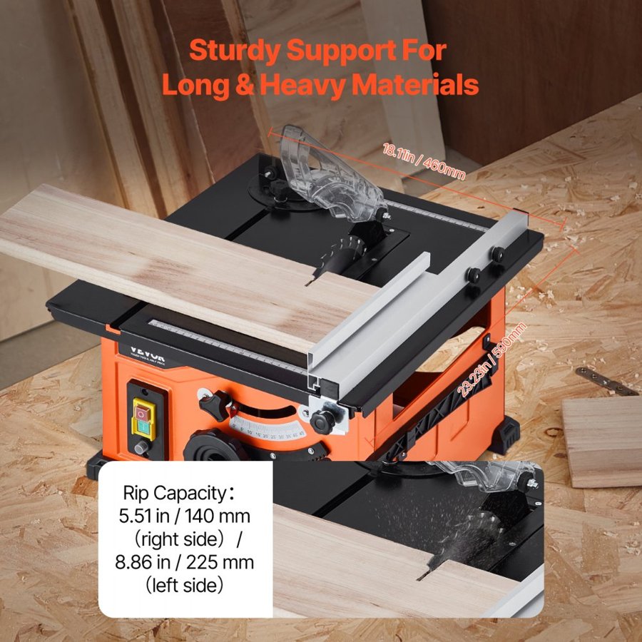 VEVOR Table Saw for Jobsite, 210 mm, 1200W Portable Compact Tablesaw, 225mm Max Rip Capacity, 4800RPM Cutting Speed, with 24 Teeth Saw Blade, Sliding Miter Gauge, for DIY Woodworking Furniture Making