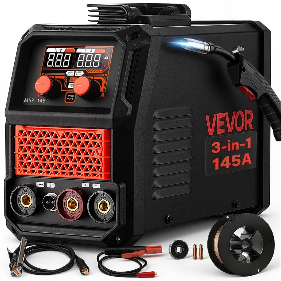 VEVOR 145A MIG Welder, 3-in-1 Lift TIG/Gasless Flux Core/Stick MIG Welding, 220V Synergic Multi-Process Mig Welder Machine with IGBT Inverter, Portable for Metal Fabrication, Home Repair & DIY Project