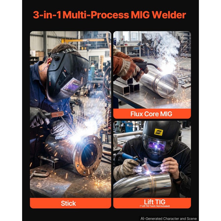 VEVOR 145A MIG Welder, 3-in-1 Lift TIG/Gasless Flux Core/Stick MIG Welding, 220V Synergic Multi-Process Mig Welder Machine with IGBT Inverter, Portable for Metal Fabrication, Home Repair & DIY Project
