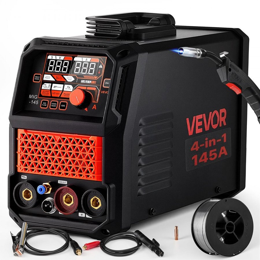 VEVOR 145A MIG Welder, 4-in-1 Gas MIG/Flux Core MIG/Lift TIG/Stick Welding, Multi-Process 220V Synergic Mig Welder Machine, 2T/4T Mode, IGBT Inverter & Digital Display for Metalworking, DIY Repair