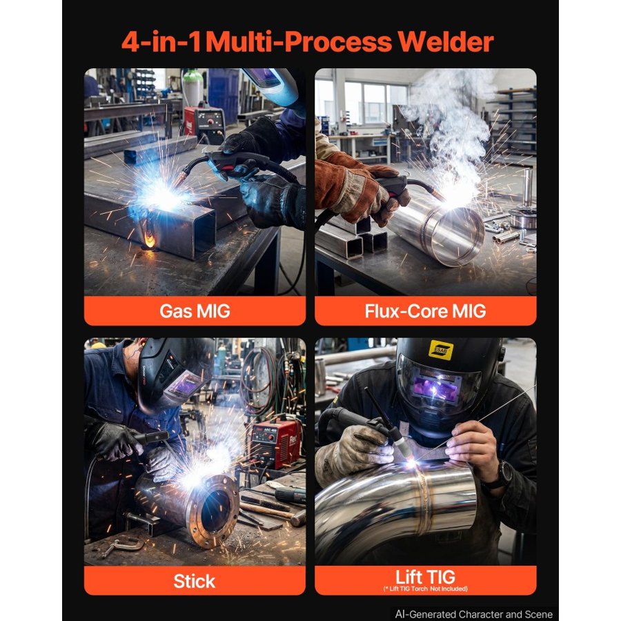 VEVOR 145A MIG Welder, 4-in-1 Gas MIG/Flux Core MIG/Lift TIG/Stick Welding, Multi-Process 220V Synergic Mig Welder Machine, 2T/4T Mode, IGBT Inverter & Digital Display for Metalworking, DIY Repair