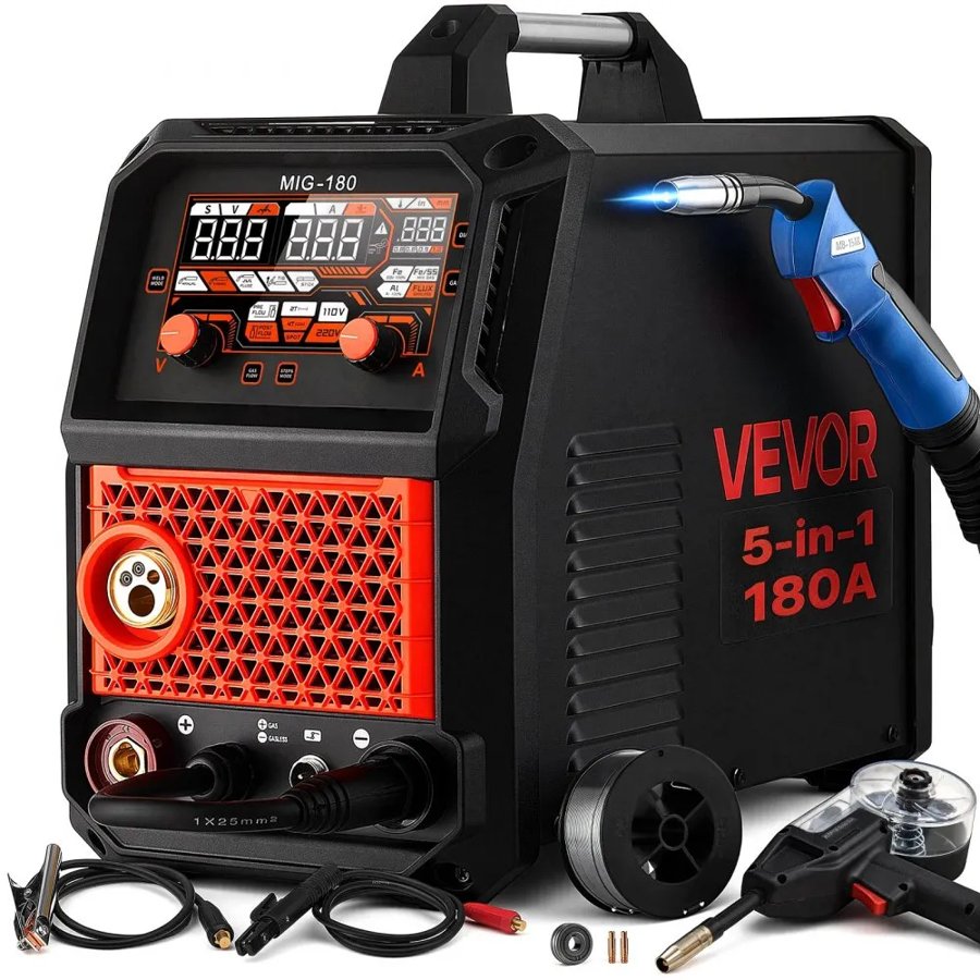 VEVOR 180 A MIG metinātājs 5 vienā: AL MIG/gāzes MIG/pulvervada MIG/Stick/Lift TIG, daudzfunkcionāls 220 V alumīnija metinātājs ar sinerģisko vadību un digitālo displeju, ar spoles pistoli