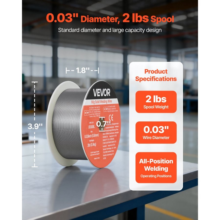 VEVOR Solid MIG Welding Wire, ER308L 0.8mm 0.9kg, Low Spatter Stainless Steel Welding Wire with High Feedability for All-Position Gas Shielded Welding