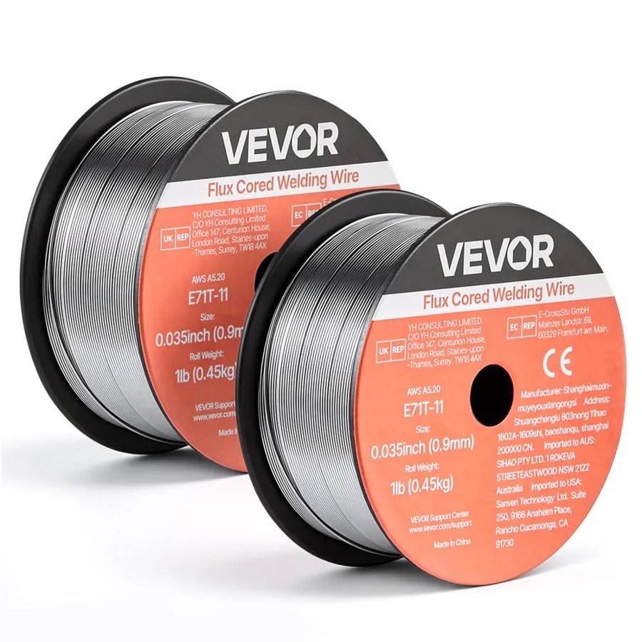 VEVOR Flux Core MIG Welding Wire, E71T-11 0.9mm 0.45kg, Gasless Mild Steel Welding Wire with Low Spatter for All Position Arc Welding, Self-Shielded for Outdoor Use (Pack of 2 Rolls)