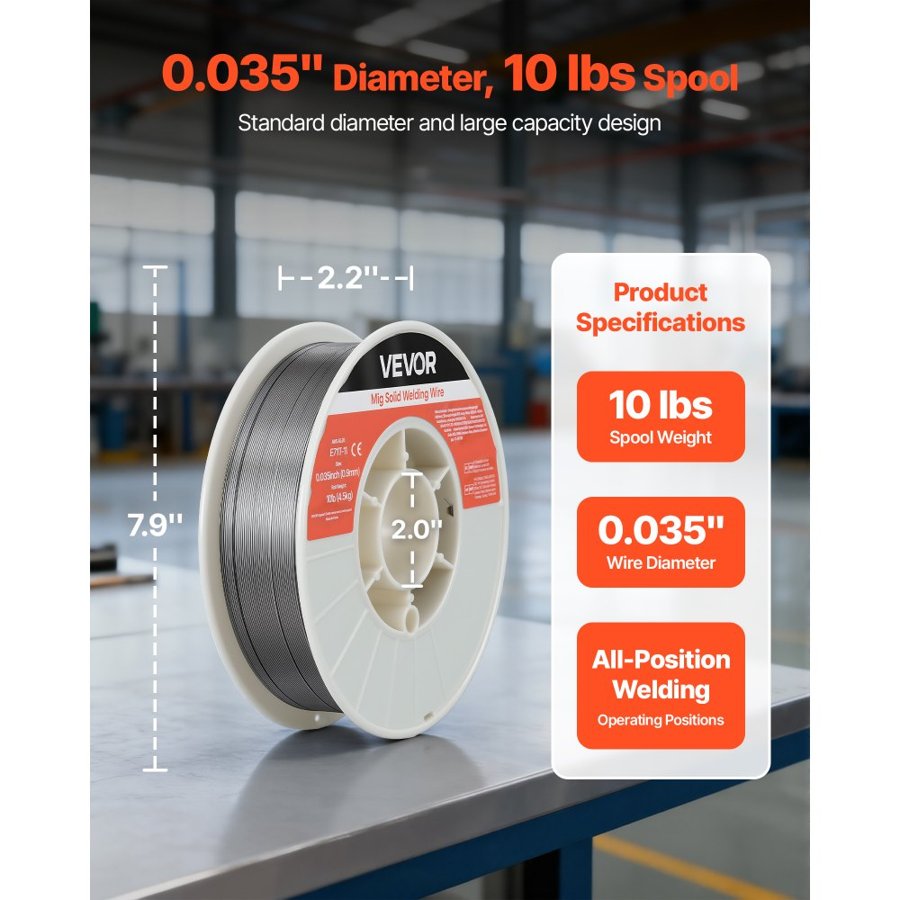 VEVOR Flux Core MIG Welding Wire, E71T-11 0.9mm 4.5kg, Gasless Mild Steel Welding Wire with Low Spatter for All Position Arc Welding, Self-Shielded for Outdoor Use