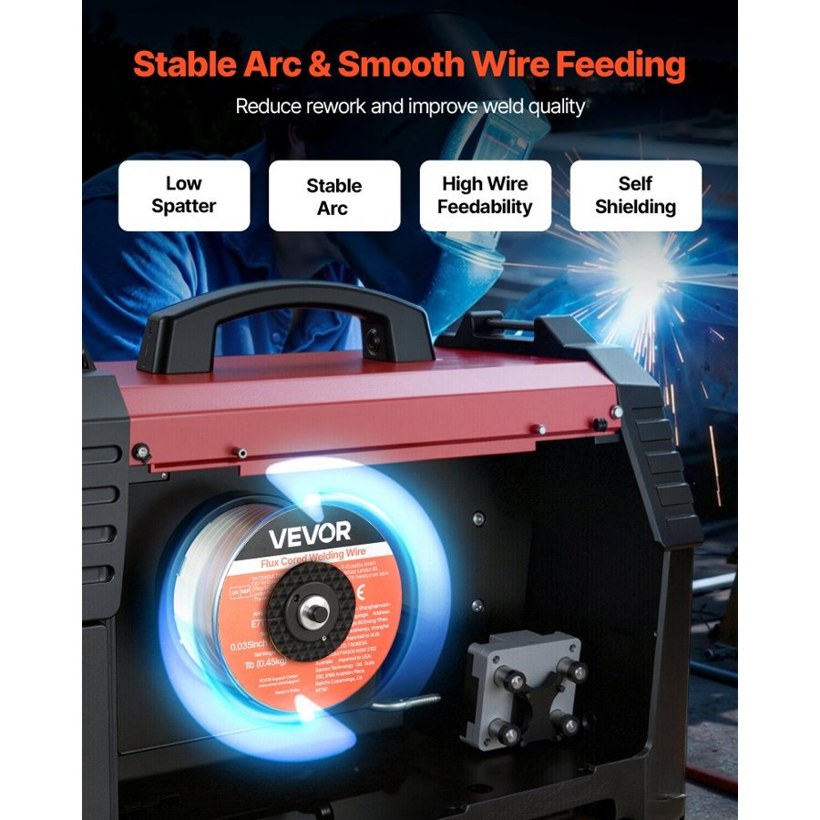 VEVOR Flux Core MIG Welding Wire, E71T-11 0.9mm 0.45kg, Gasless Mild Steel Welding Wire with Low Spatter for All Position Arc Welding, Self-Shielded for Outdoor Use (Pack of 3 Rolls)