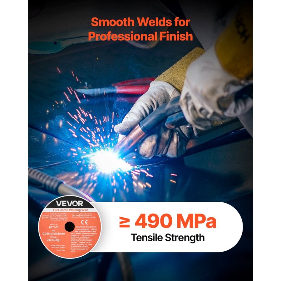 VEVOR Flux Core MIG Welding Wire, E71T-11 0.03-inch 2 LBS, Gasless Mild Steel Welding Wire with Low Spatter for All Position Arc Welding, Self-Shielded for Outdoor Use