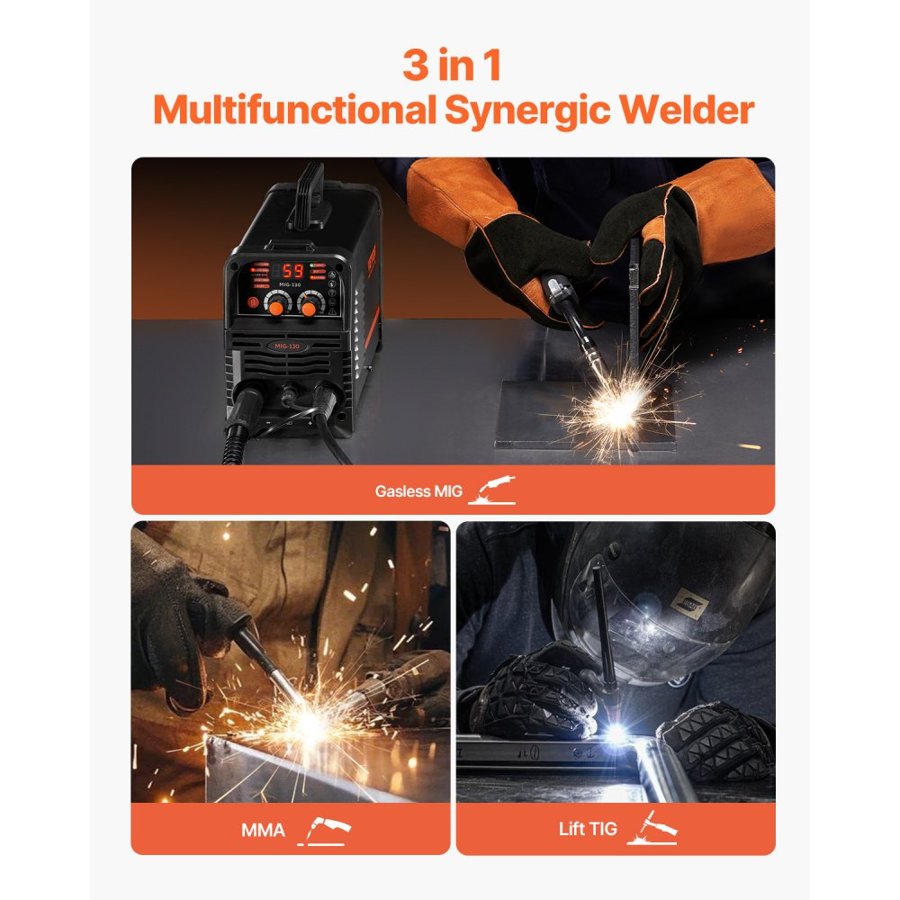 VEVOR 130 Amp MIG Welder – 3-in-1, Compact 14.1 lbs