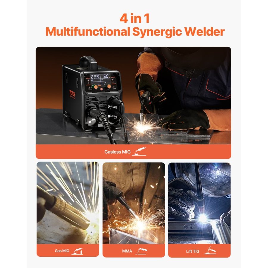 VEVOR Synergic MIG Welder – 200A, 4-in-1, Gas & Flux Core