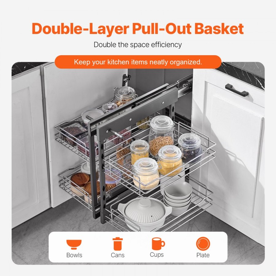 VEVOR Min 15"W Opening Blind Corner Pull Out Organizer, 2 Tier 4 Shelf Kitchen Cabinet Organizer, Chrome Carbon Steel Storage Basket, Slide Out Storage Organizer, Left & Right Open Compatible
