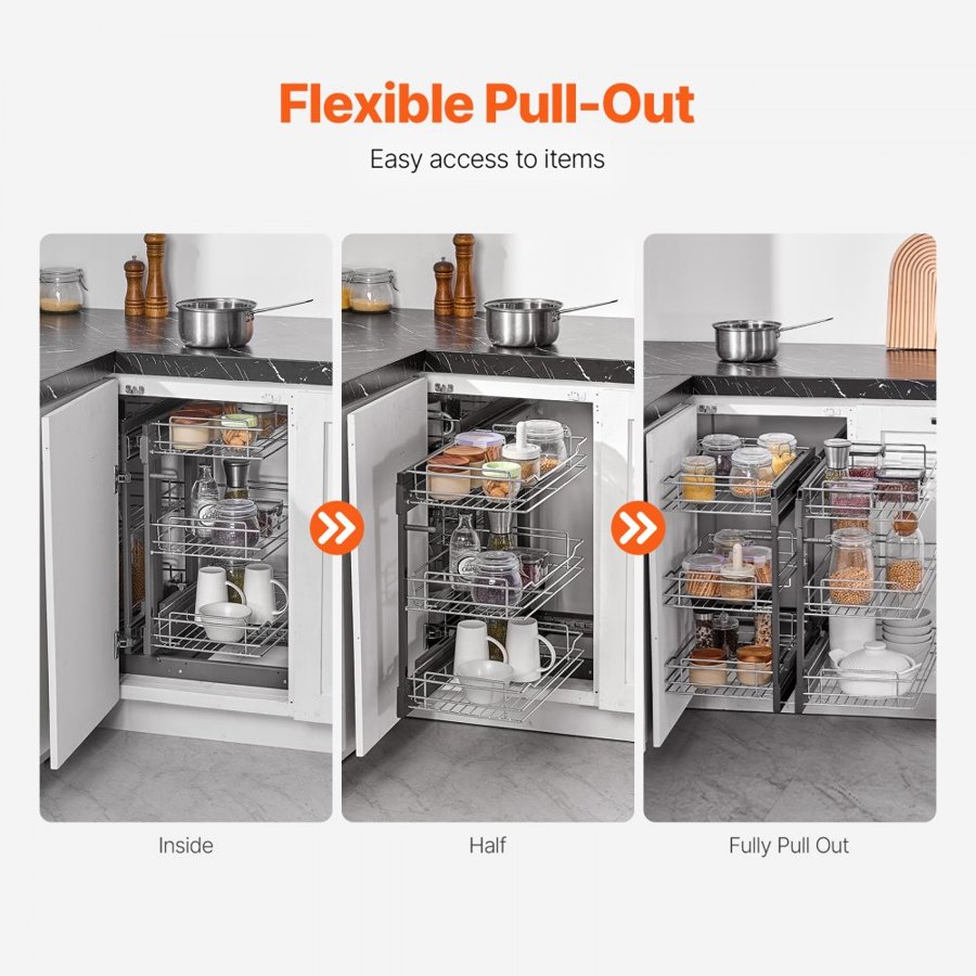 VEVOR Min 15"W Opening Blind Corner Pull Out Organizer, 3 Tier 6 Shelf Kitchen Cabinet Organizer, Chrome Carbon Steel Storage Basket, Slide Out Storage Organizer, Left & Right Open Compatible