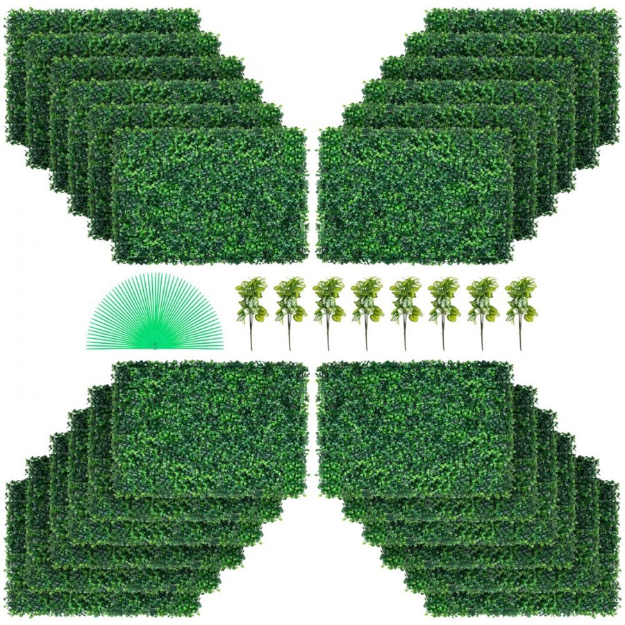 VEVOR Artificial Boxwood Panel 24" X 16" UV 24pcs Boxwood Hedge Wall Panels Artificial Grass Backdrop Wall  4 cm Green Grass Wall, Fake Hedge for Decor Privacy Fence Indoor, Outdoor Garden Backyard