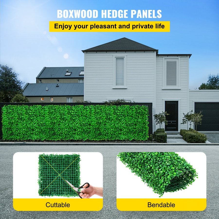 VEVOR Artificial Boxwood Panel UV 48pcs artificial hedge Artificial Grass Backdrop Wall 10X10" 4cm boxwood panel panels Fake Hedge for Decor Privacy Fence Indoor Outdoor Garden Backyard