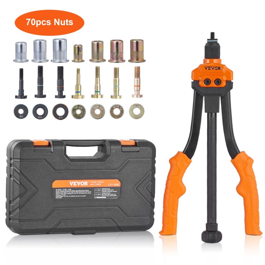 VEVOR Rivet Nut Tool, 35.6 cm Rivnut Tool Kit with 7 PCS Metric and SAE Mandrels, 70 PCS Assorted Rivet Nuts, 10-24, 1/4-20, M6, 5/16-18, M8, 3/8-16, M10, Rivet Nut Kit With Rugged Carrying Case