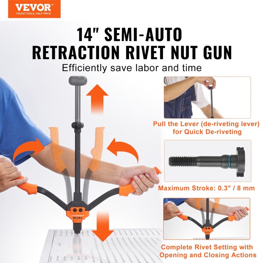 VEVOR Rivet Nut Tool, 35.6 cm Rivnut Tool Kit with 7 PCS Metric and SAE Mandrels, 70 PCS Assorted Rivet Nuts, 10-24, 1/4-20, M6, 5/16-18, M8, 3/8-16, M10, Rivet Nut Kit With Rugged Carrying Case