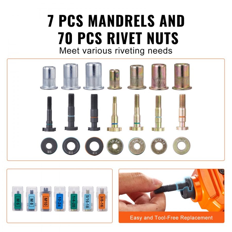 VEVOR Rivet Nut Tool, 35.6 cm Rivnut Tool Kit with 7 PCS Metric and SAE Mandrels, 70 PCS Assorted Rivet Nuts, 10-24, 1/4-20, M6, 5/16-18, M8, 3/8-16, M10, Rivet Nut Kit With Rugged Carrying Case