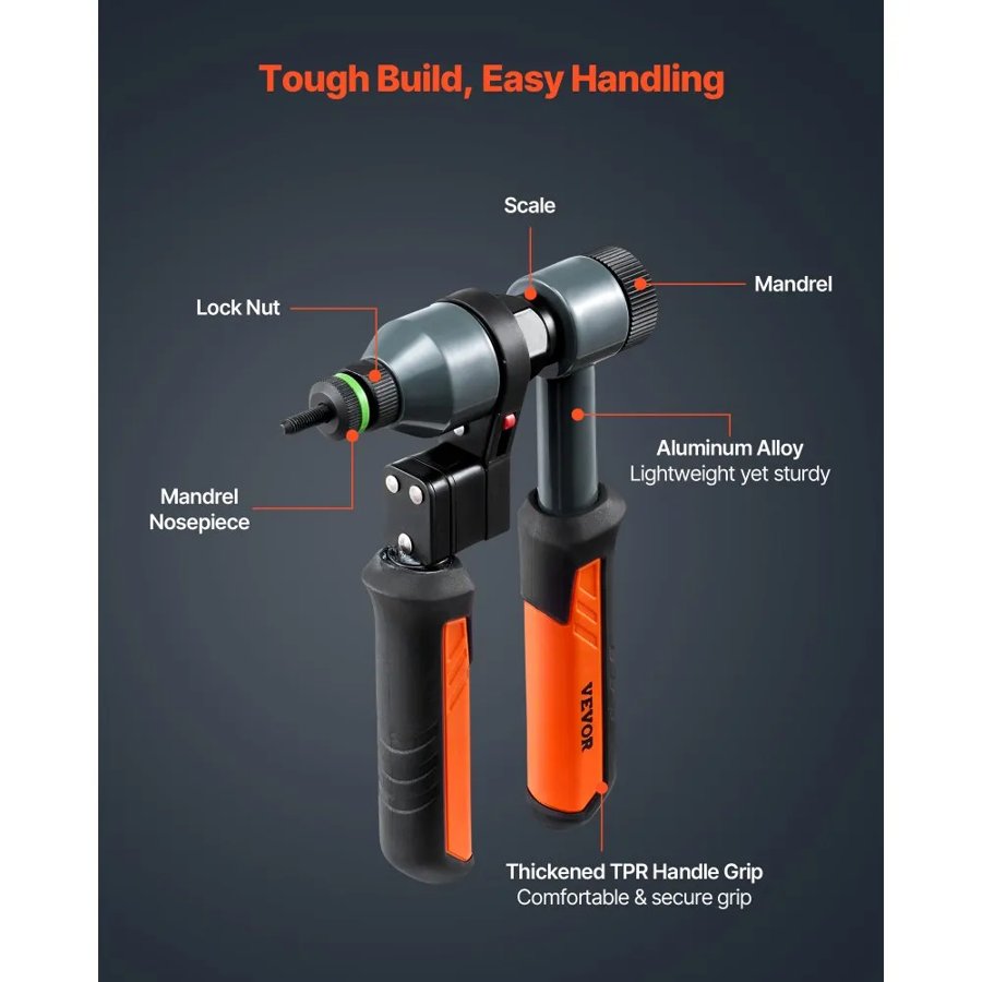 VEVOR Rivet Nut Tool Kit, 9-Inch Ratchet Rivnut Tool Kit, with 10 Mandrels and 100 Nuts, Metric and SAE Size M5, M6, M8, M10, M12, 8-32, 10-24, 1/4-20, 5/16-18, 3/8-16 UNC, with a Rugged Carrying Case