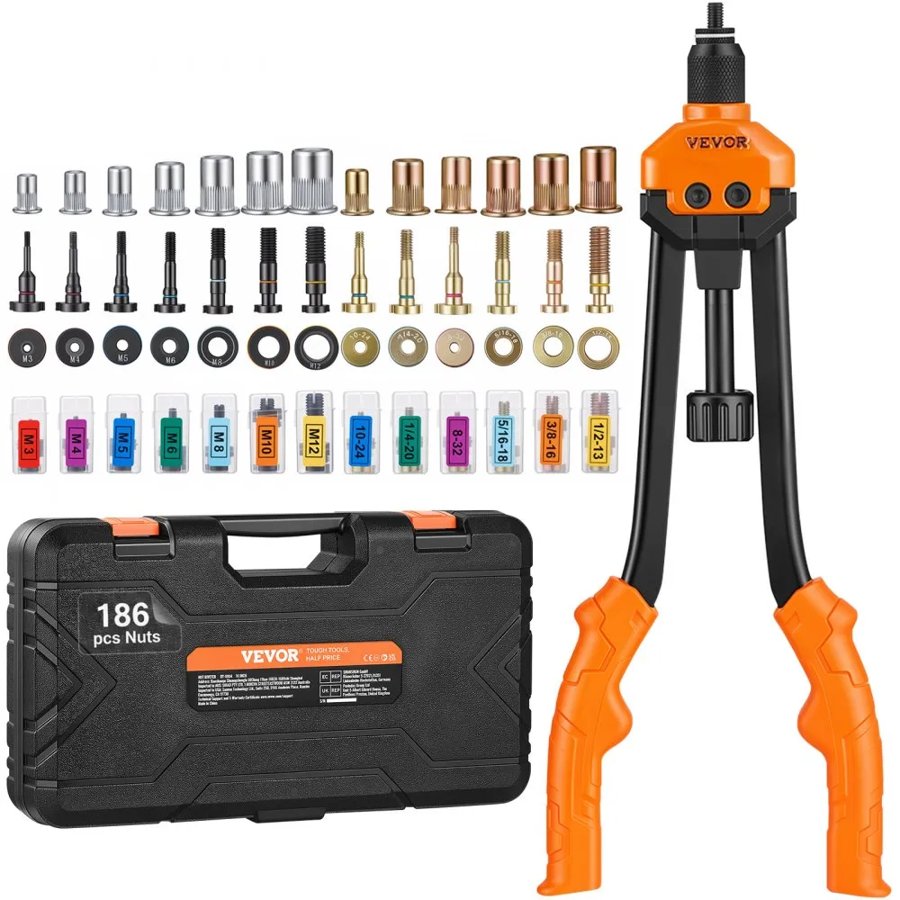VEVOR Rivet Nut Tool, 40.6 cm Rivnut Tool Kit with 13PCS Metric and SAE Mandrels, 186PCS Rivet Nuts, M3, M4, 10-24, M5, M6, 1/4-20, 8-32, 5/16-18, M8, 3/8-16, M10, M12, 1/2-13, With Carrying Case