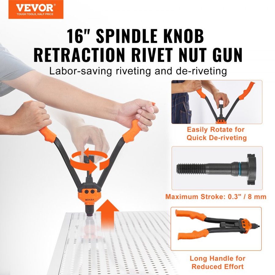 VEVOR Rivet Nut Tool, 40.6 cm Rivnut Tool Kit with 13PCS Metric and SAE Mandrels, 186PCS Rivet Nuts, M3, M4, 10-24, M5, M6, 1/4-20, 8-32, 5/16-18, M8, 3/8-16, M10, M12, 1/2-13, With Carrying Case