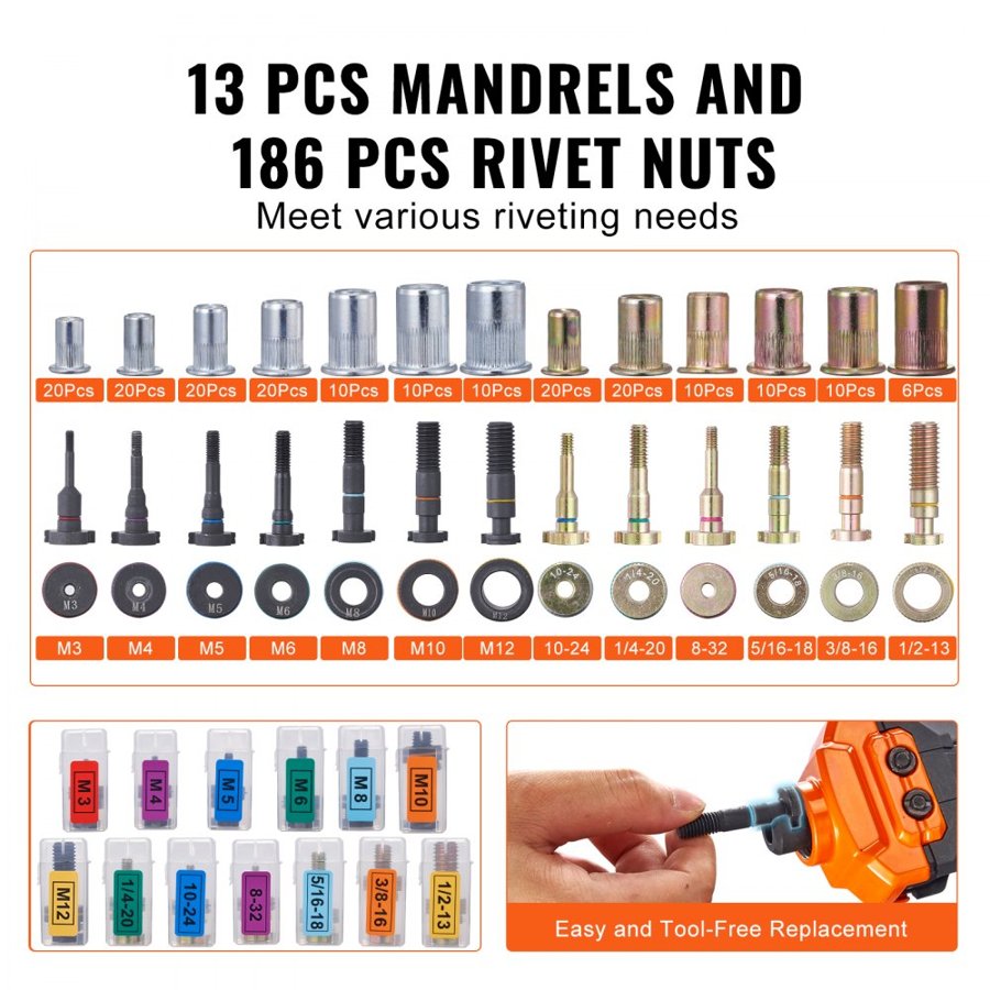 VEVOR Rivet Nut Tool, 40.6 cm Rivnut Tool Kit with 13PCS Metric and SAE Mandrels, 186PCS Rivet Nuts, M3, M4, 10-24, M5, M6, 1/4-20, 8-32, 5/16-18, M8, 3/8-16, M10, M12, 1/2-13, With Carrying Case