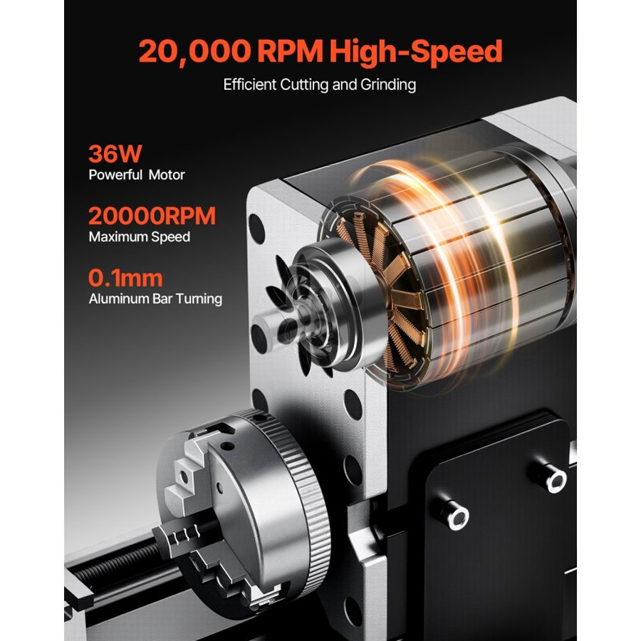 VEVOR Didactical Mini Metal Lathe Machine, 70 x 130 mm(2.76 x 5.12 in), 36W Power Metal Lathe, 20,000 RPM Speed, with 3-jaw Chuck, Aluminum Alloy Handwheel, for Processing Precision Parts Soft Metals Wood Plastics