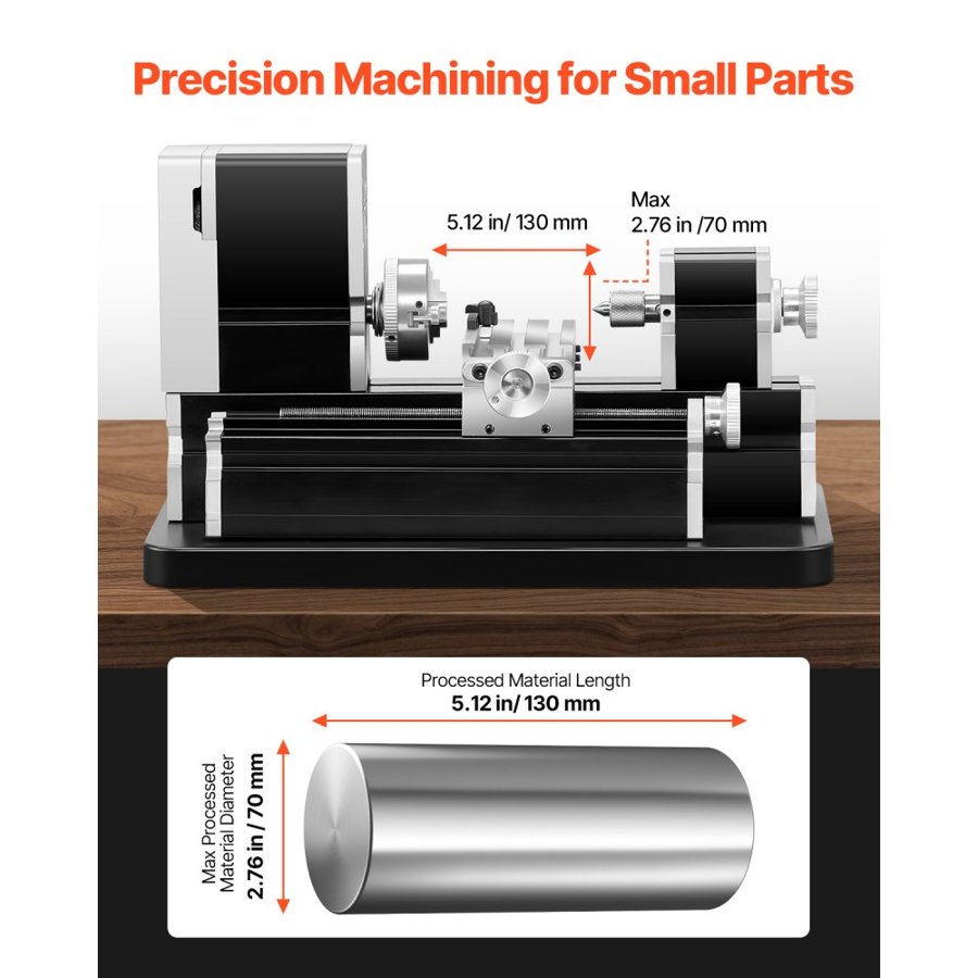 VEVOR Didactical Mini Metal Lathe Machine, 70 x 130 mm(2.76 x 5.12 in), 36W Power Metal Lathe, 20,000 RPM Speed, with 3-jaw Chuck, Aluminum Alloy Handwheel, for Processing Precision Parts Soft Metals Wood Plastics