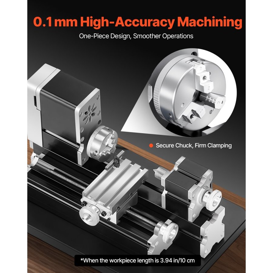 VEVOR Didactical Mini Metal Lathe Machine, 70 x 130 mm(2.76 x 5.12 in), 36W Power Metal Lathe, 20,000 RPM Speed, with 3-jaw Chuck, Aluminum Alloy Handwheel, for Processing Precision Parts Soft Metals Wood Plastics