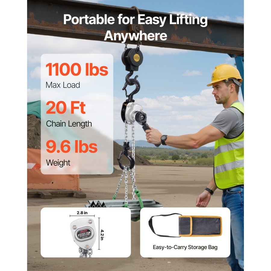 VEVOR 1/2 Ton Manual Chain Hoist –  20 FT Lift, 360°, G80