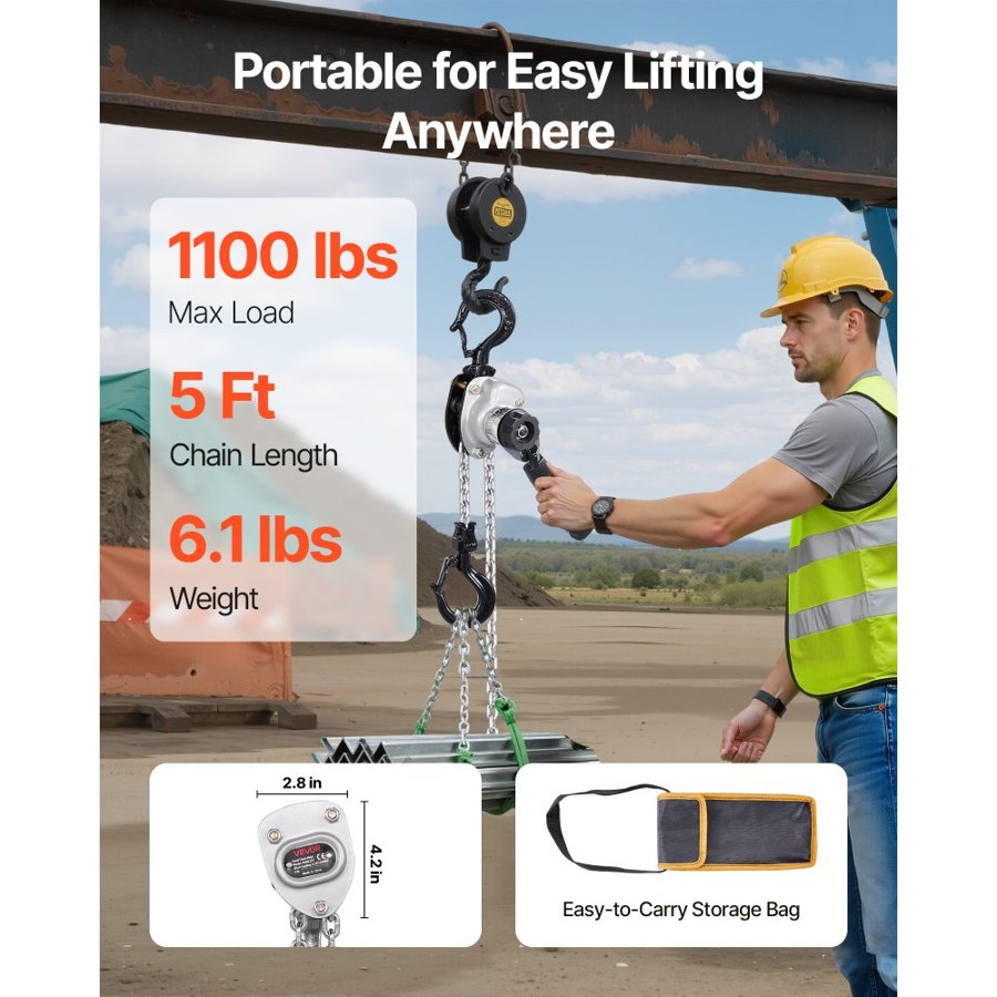VEVOR 1/2 Ton Lever Chain Hoist – 1100 Lbs, 5 Ft Lift