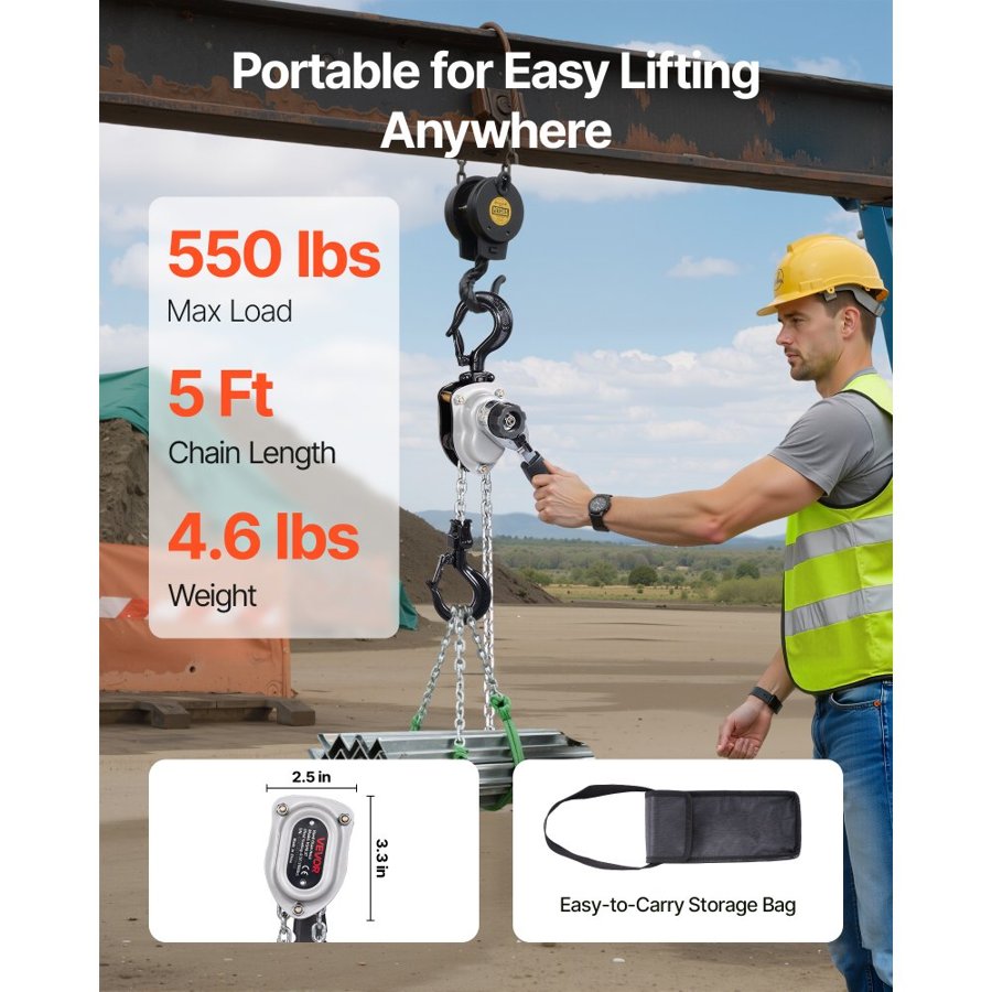 VEVOR 1/4 Ton Come Along – 550 LBS, 360°, 5 FT, G80, 4 mm