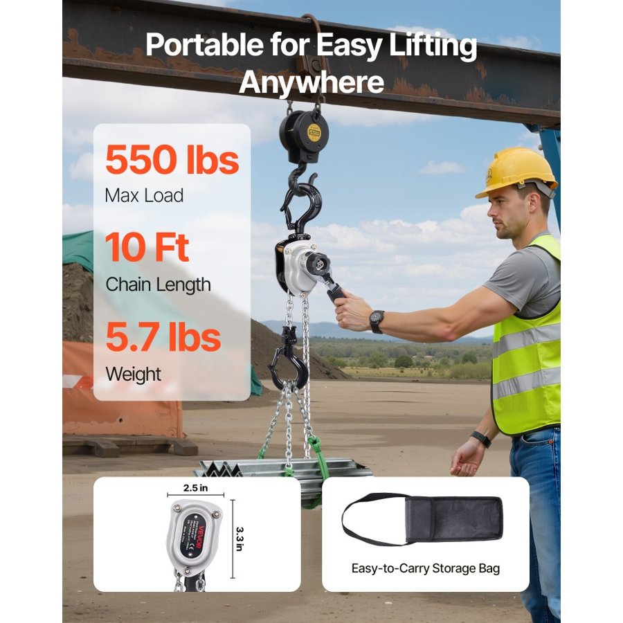 VEVOR 1/4 Ton Lever Chain Hoist – G80, 10FT, 360° Hook