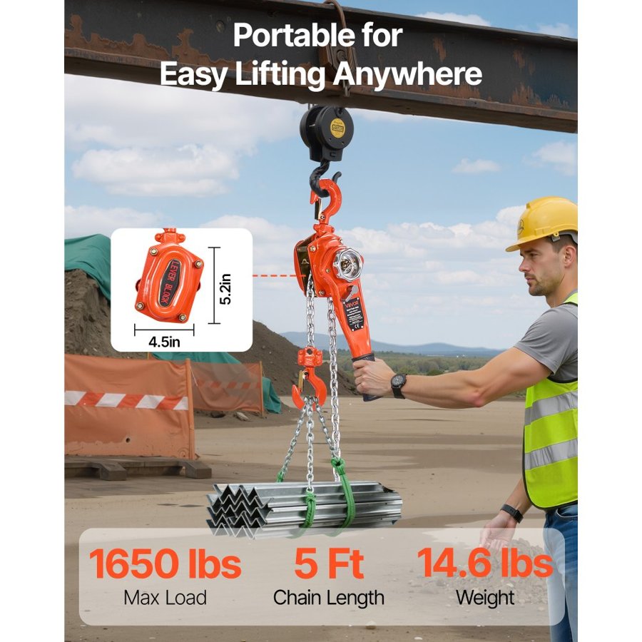 VEVOR Manual Lever Chain Hoist, 3/4T 750KG Capacity Heavy Duty Come Along, 1.5M Lift G80 Alloy Steel Chain With Dual Pawl Mechanical Brake, 360° Rotating Hooks, for Warehouse Construction Garage