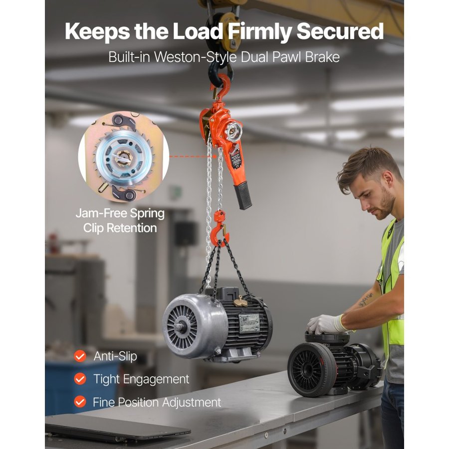 VEVOR Manual Lever Chain Hoist, 3/4T 750KG Capacity Heavy Duty Come Along, 1.5M Lift G80 Alloy Steel Chain With Dual Pawl Mechanical Brake, 360° Rotating Hooks, for Warehouse Construction Garage