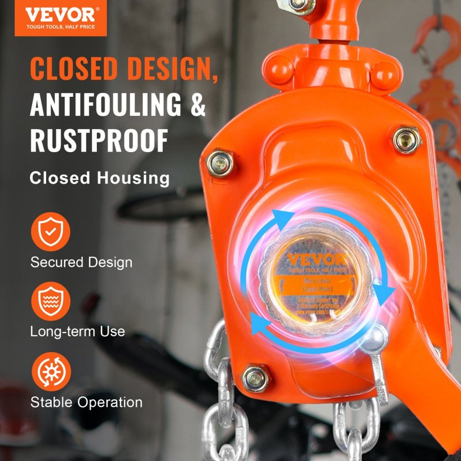 VEVOR Manual Lever Chain Hoist, 1/2 Ton 499.5 kg Capacity 3.05m Come Along, G80 Galvanized Carbon Steel with Weston Double-Pawl Brake, Auto Chain Leading & 360° Rotation Hook, for Garage Factory Dock