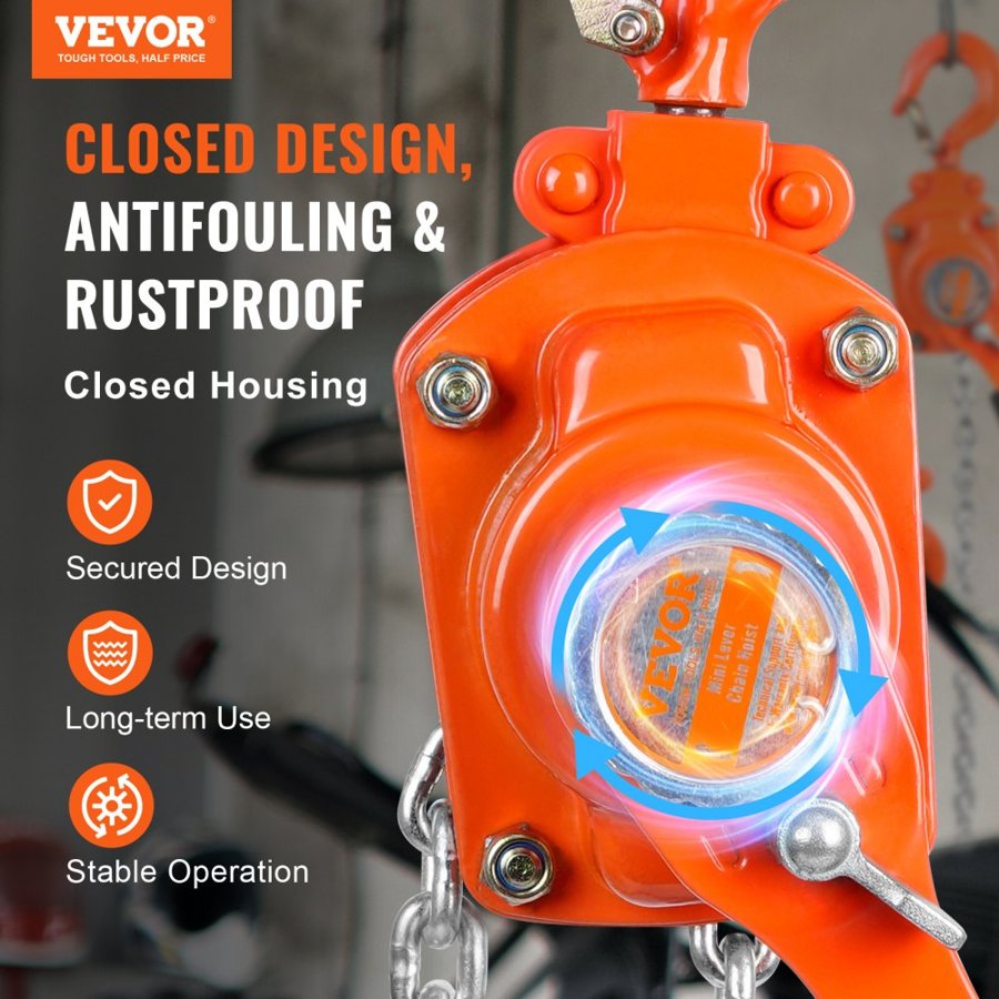 VEVOR Manual Lever Chain Hoist, 1/4 Ton 250 kg Capacity 3.05m Come Along, G80 Galvanized Carbon Steel with Weston Double-Pawl Brake, Auto Chain Leading & 360° Rotation Hook, for Garage Factory Dock
