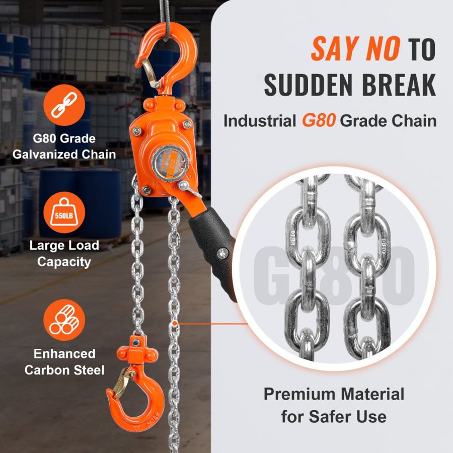 VEVOR Manual Lever Chain Hoist, 1/4 Ton 250 kg Capacity 3.05m Come Along, G80 Galvanized Carbon Steel with Weston Double-Pawl Brake, Auto Chain Leading & 360° Rotation Hook, for Garage Factory Dock