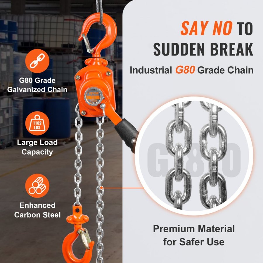 VEVOR Manual Lever Chain Hoist, 1/2 Ton 499.5 kg Capacity 1.5m Come Along, G80 Galvanized Carbon Steel with Weston Double-Pawl Brake, Auto Chain Leading & 360° Rotation Hook, for Garage Factory Dock