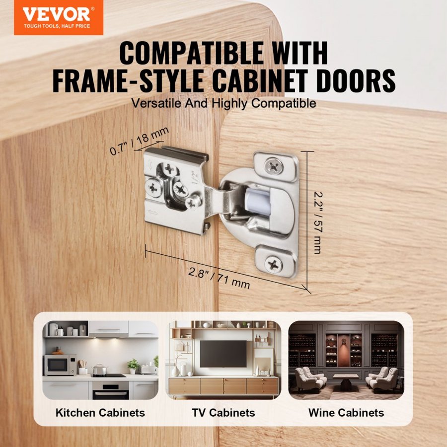 VEVOR Cabinet Hinges, 30 Packs Partial Overlay Kitchen Cabinet Door Hinges, 105 Degree Opening Angel Soft Close Concealed Cupboard Hinges for Framed Cabinet Type, with Mounting Screws