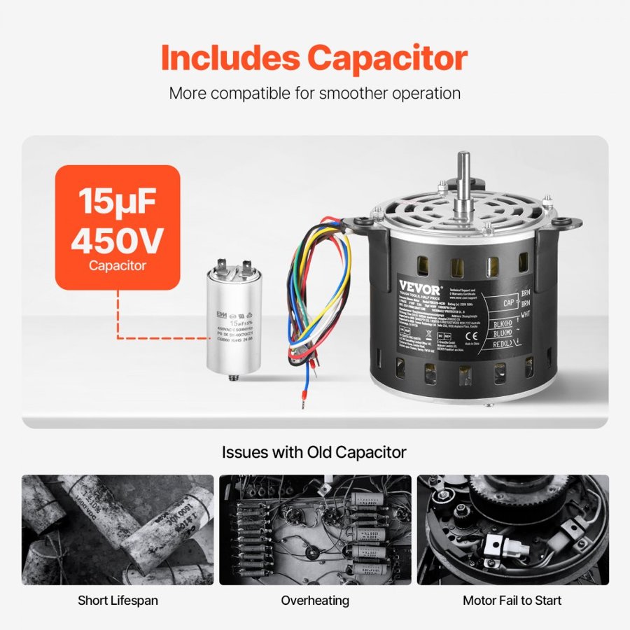 VEVOR 1/2HP Furnace Blower Motor, 220V 2.6Amps, 1300RPM 3-Speed, 10mm Shaft Diameter, 20mm Shaft Length, ROT. CCW from Shaft End, Includes CBB60 15μF/450V Capacitor