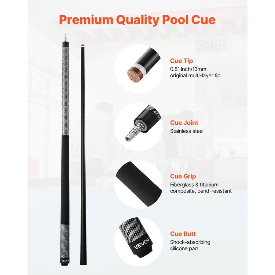 VEVOR Pool Cue, 1 Piece Pool Stick, 1473.2mm & 595g Fiberglass Titanium Composite Billiard Pools Cue Stick with Multi-Layer Tip, Cues Sticks for Professional Pool Table, Bar, Home Pool Games, Office