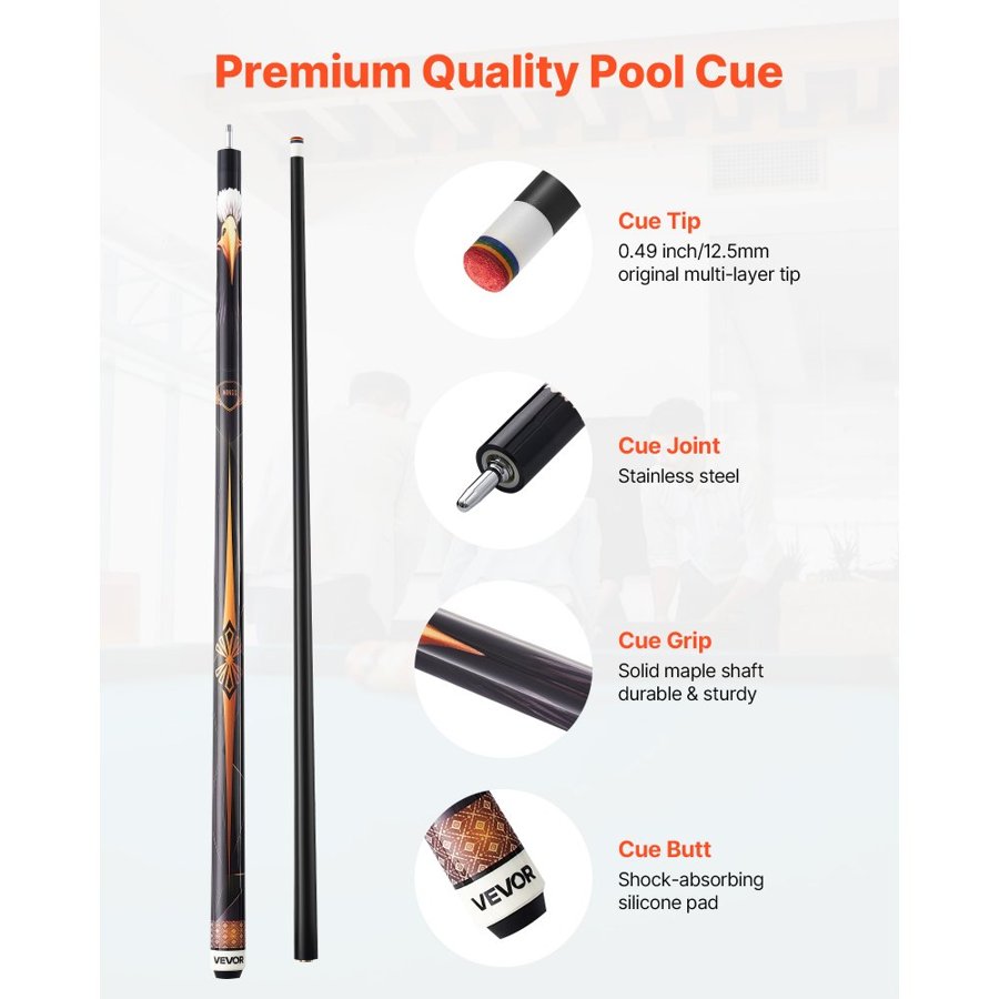 VEVOR Pool Cue, 1 Piece Pool Stick, 1473.2mm & 538g Canadian Maple Wood Billiard Pools Cue Stick with Multi-Layer Tip & ABS Connection Ring, Cues Sticks for Professional Pool Table, Bar, Home, Office