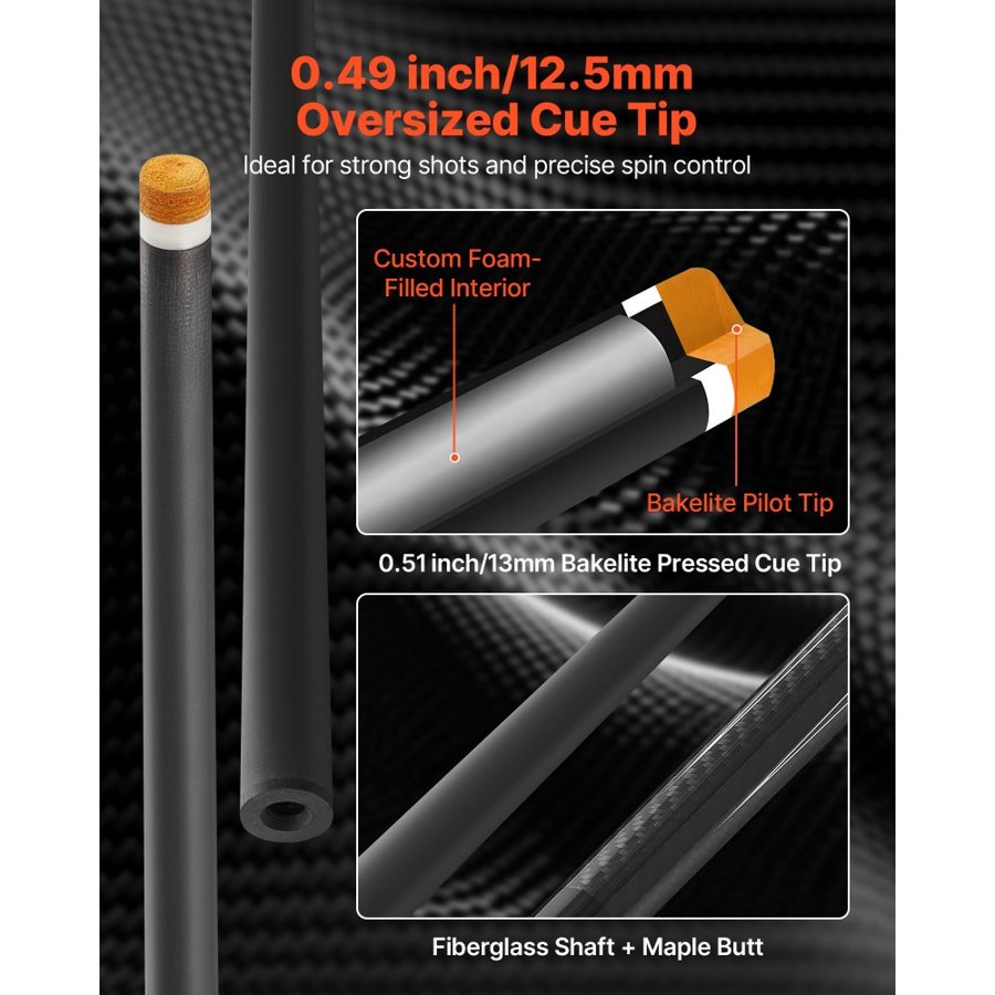 VEVOR Pool Cue, 1 Piece Pool Stick, 1473.2mm & 538g Carbon Fiber Billiard Pools Cue Stick with Bakelite Pressed Cue Tip & ABS Connection Ring, Cues Sticks for Professional Pool Table, Bar, Home,Office