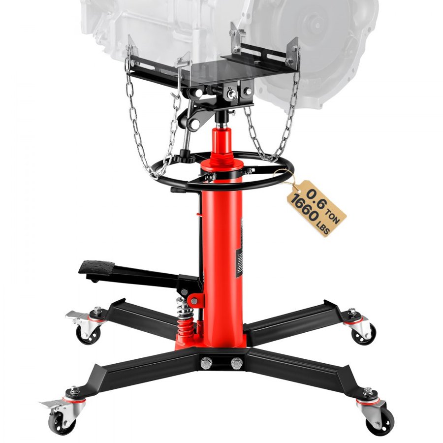 VEVOR Transmission Jack,0.75 Ton/1660 lbs Capacity Hydraulic Telescopic Transmission Jack, 2-Stage Floor Jack Stand with Foot Pedal, 360° Swivel Wheel, Garage/ Shop Lift Hoist, Red