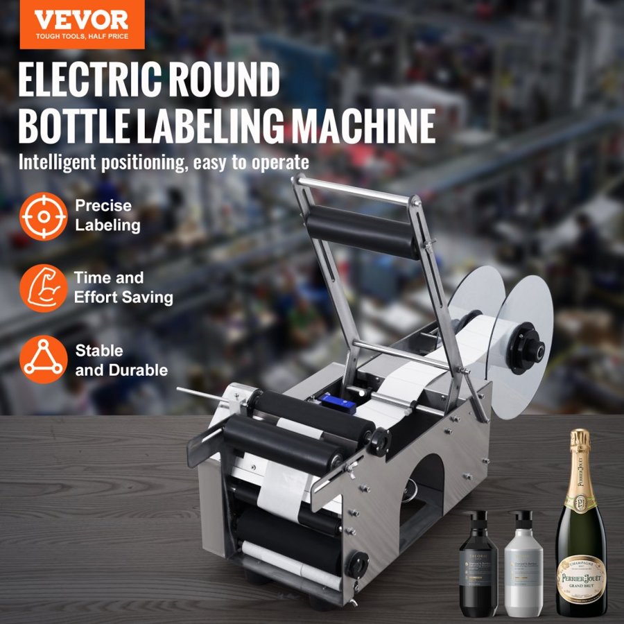 VEVOR Semi-Automatic Round Labeling Machine, 20-50pcs/min, Electric Bottle Label Applicator for Round Bottles, Round Bottle Labeler Suitable for Bottle Diameter 0.79-4.72 inches (with Pressing Bar)