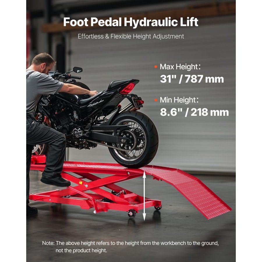 VEVOR 1000 lb Motorcycle Lift – 360° Mobility, 8.6-31 Inch