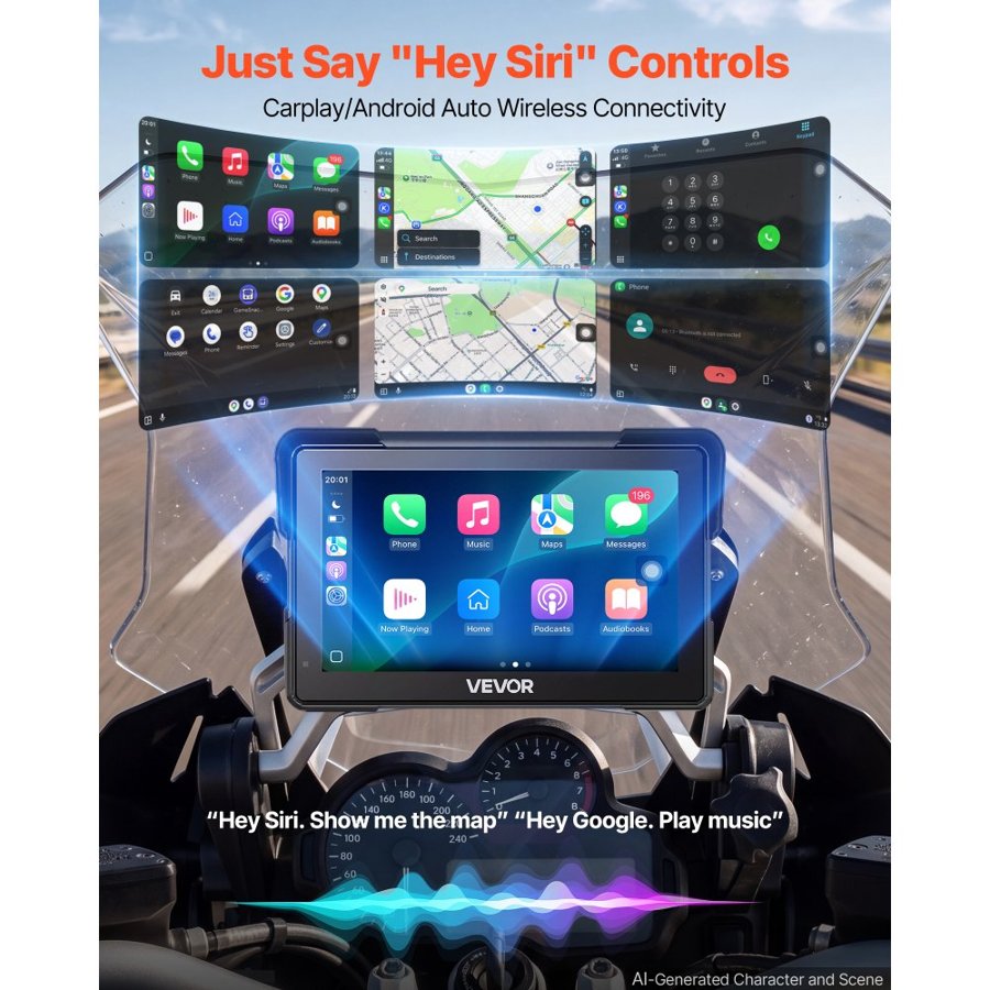 VEVOR 7 Inch Wireless Motorcycle Carplay with Apple Carplay & Android Auto, HD Touchscreen GPS Navigation System with Voice Control, Dual Bluetooth, Siri & Google Assistant, IP67 - Fit All Motorcycles