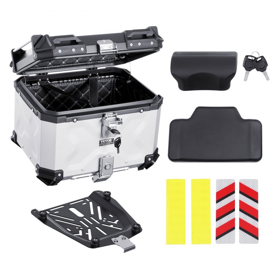 VEVOR Motorcycle Top Case, Universal Aluminum Alloy Motorbike Tail Box with Leather Lining, 45L Waterproof Detachable Motorcycle Top Box with Lock & Back Cushion, Fit for 99% of Motorcycle Frames